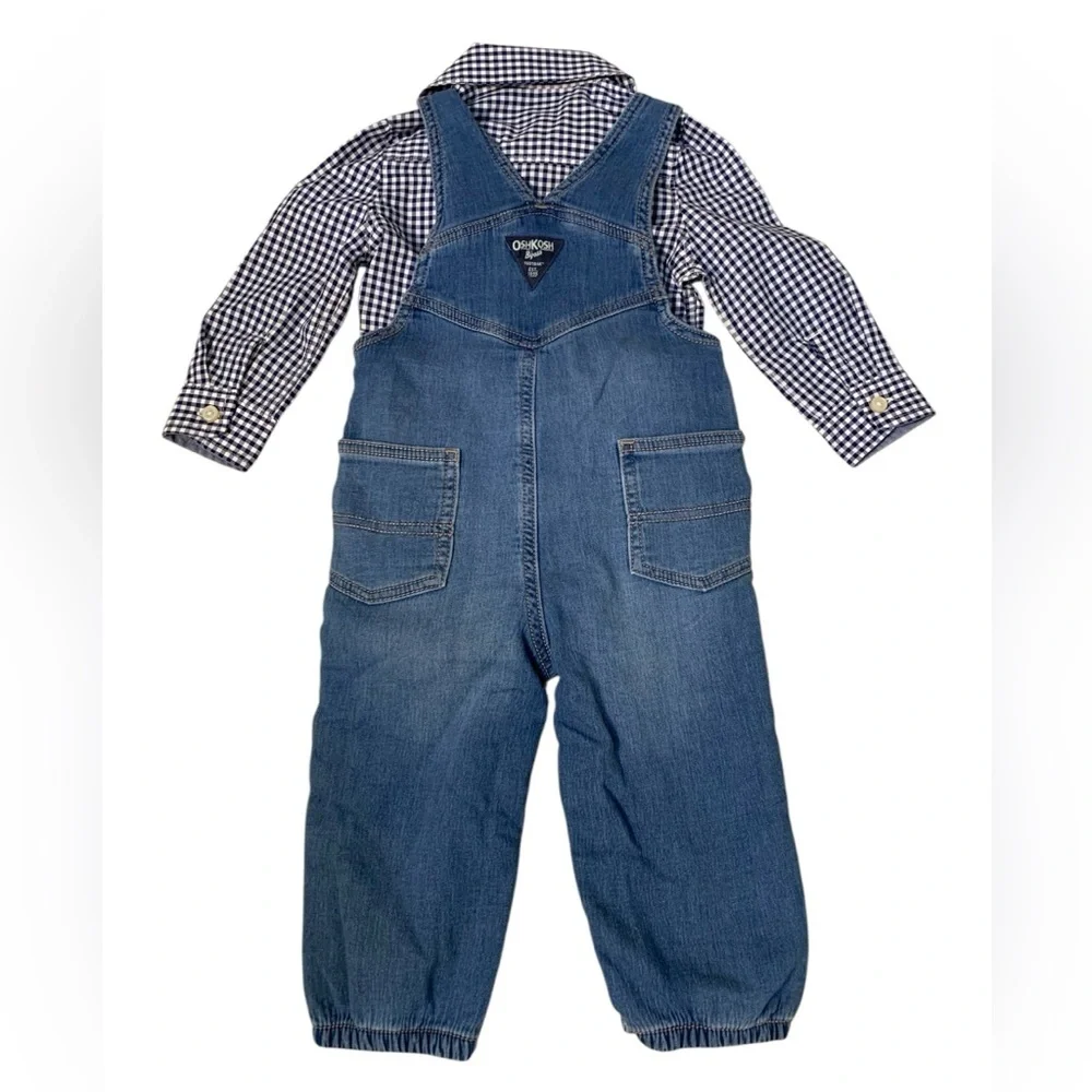 OshKosh B'gosh Denim Overalls & Gingham Bodysuit 2‎ Piece Set 18M Toddler